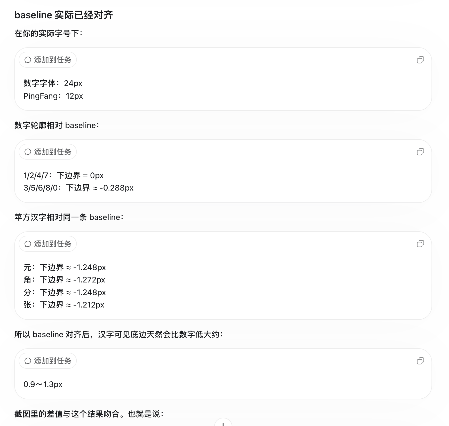 图片展示了baseline对齐后的文字对齐情况。在实际字号下，数字字体为24px，苹方字体为12px。数字轮廓相对baseline的下边界数据给出，如1/2/4/7下边界为0px，3/5/6/8/0下边界为-0.288px。草方汉字相对同一条baseline的下边界数据也给出，如元、分下边界为-1.248px，角、张下边界为-1.272px。最后说明baseline对齐后，汉字可见底边会比数字低大约0.9 - 1.3px，与截图里的差值相符。
